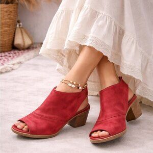 AS98 Red Leather Peep Toe Mules Size 38 Block Heel Boho Hippie Lagenlook